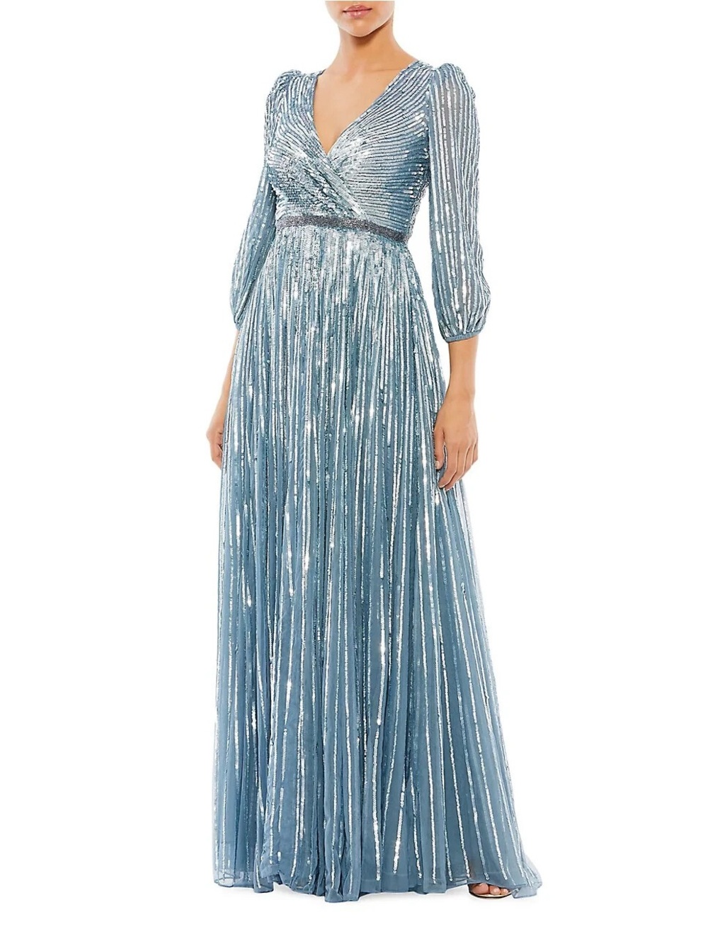 Mac Duggal Sequined V Neck Slate Blue 3/4 Sleeve Gown Size 4